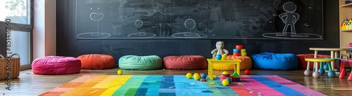 A large blackboard is mounted on the wall of an empty children's playroom, surrounded by colorful round cushions and small wooden tables with toys scattered around it. The chalk drawing depicting photo