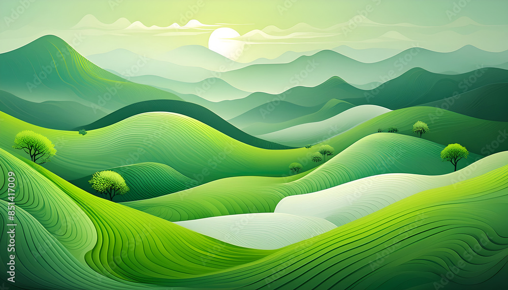 Obraz premium Digital Illustration of Rolling Green Hills and a Bright Sun