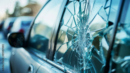 Close up view on a heavily shattered windshield of a car. The car crashed. Inside the car, the windshield was shattered. Image for car, vehicle, transportation, accident concept. photo