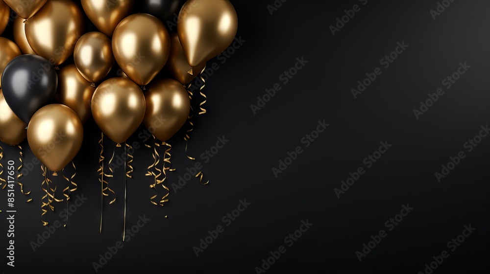 Fototapeta premium Gold balloons bunch on black wall background - birthday celebration concept