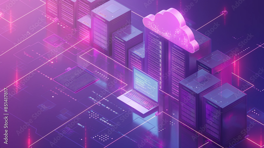 Cloud data storage 3D infographic illustration with smart technology icons, computer networks, night glowing background Cloud data storage 3D infographic illustration with smart technology icons, computer networks, night glowing background