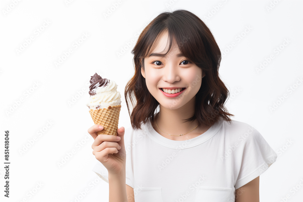 Teen pretty Japanese girl over isolated white background with a cornet ice cream Teen pretty Japanese girl over isolated white background with a cornet ice cream