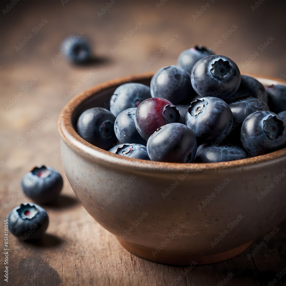 Fresh Blueberries in Rustic Bowl on Wooden Table Fresh Blueberries in Rustic Bowl on Wooden Table