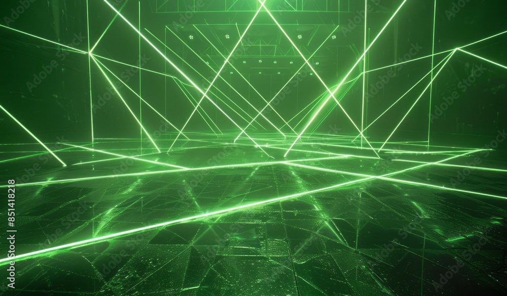 A dark background with green laser beams shining down on the floor A dark background with green laser beams shining down on the floor
