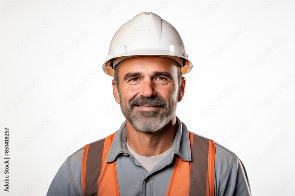 Middle aged man over isolated white background with worker cap