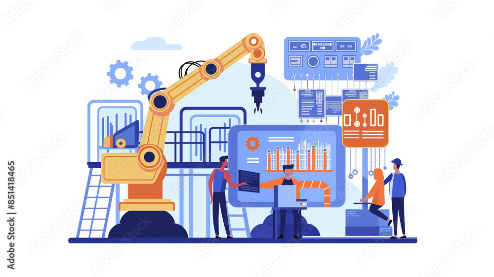Automation illustration concept, advanced male robot designer team talking with business consultant, electronic components in heavy equipment industry, white background Automation illustration concept, advanced male robot designer team talking with business consultant, electronic components in heavy equipment industry, white background
