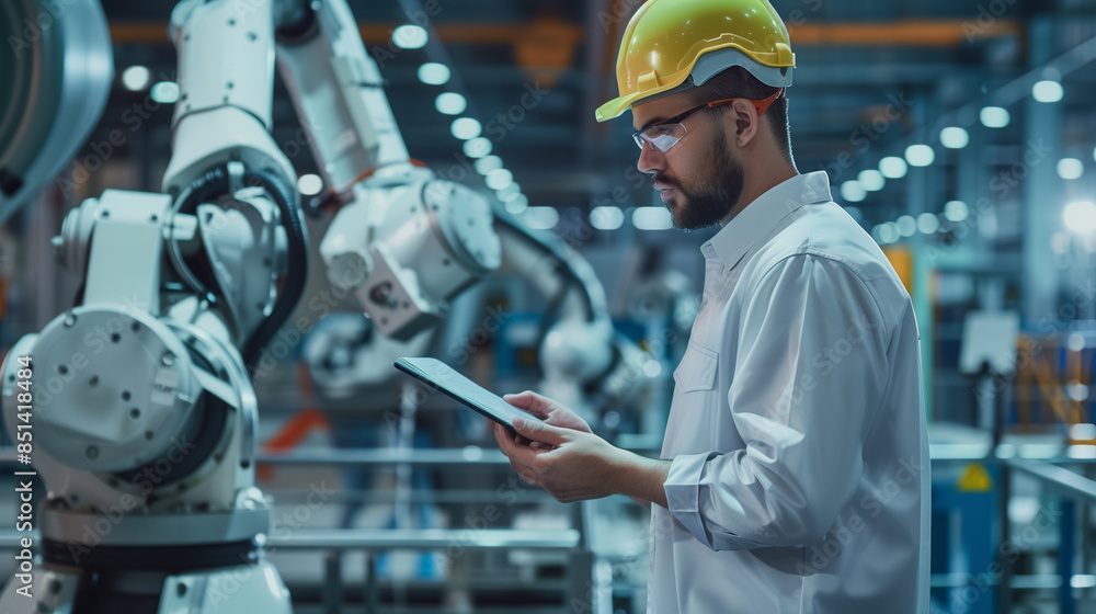 Automation engineers use tablets to program robot arms in a smart factory for digital factory production technology showing industrial automation processes. Automation engineers use tablets to program robot arms in a smart factory for digital factory production technology showing industrial automation processes.