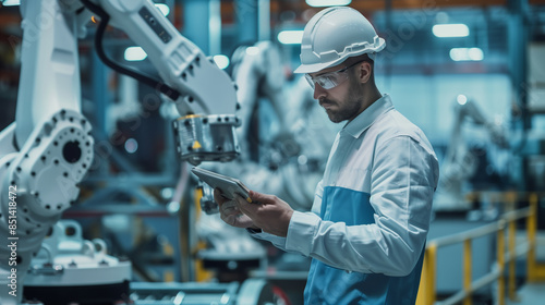 Automation engineers use tablets to program robot arms in a smart factory for digital factory production technology showing industrial automation processes.
