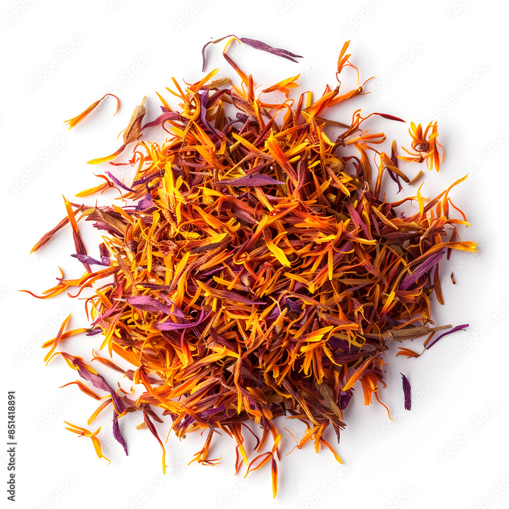 Fototapeta premium Pile of Dried Safflower, Saffron top view isolated on white background