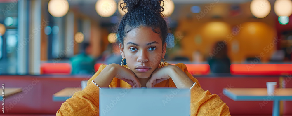 Black female student feeling bored while e-learning on laptop at university. Black female student feeling bored while e-learning on laptop at university.