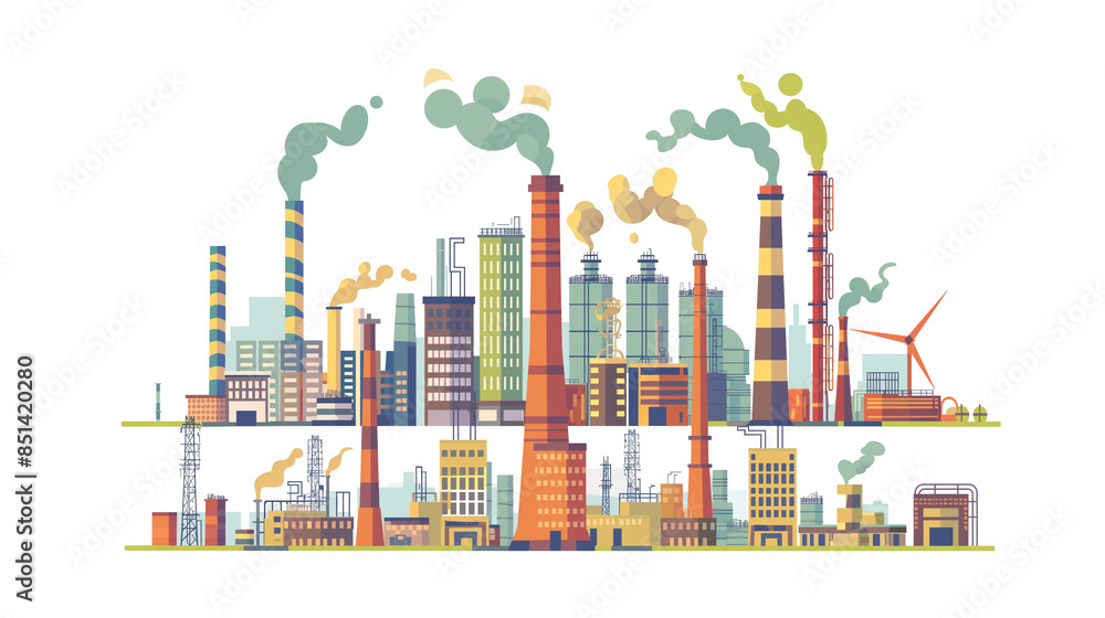 Factory factory on the background of the city industrial factory landscape factory landscape Modern industrial factory with pipes Vector flat illustration Factory factory on the background of the city industrial factory landscape factory landscape Modern industrial factory with pipes Vector flat illustration