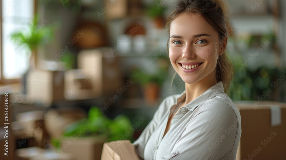 E-commerce success as a happy woman at the office organizes shipments, online sales and customer satisfaction. E-commerce success as a happy woman at the office organizes shipments, online sales and customer satisfaction.