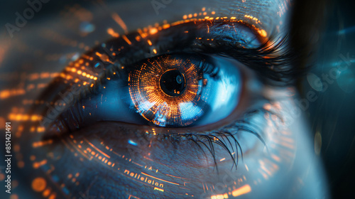 Close-up eye and a futuristic data screen panel on a dark blue background. © Wasin Arsasoi