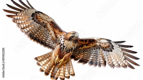 A realistic hawk in mid-flight on a transparent background