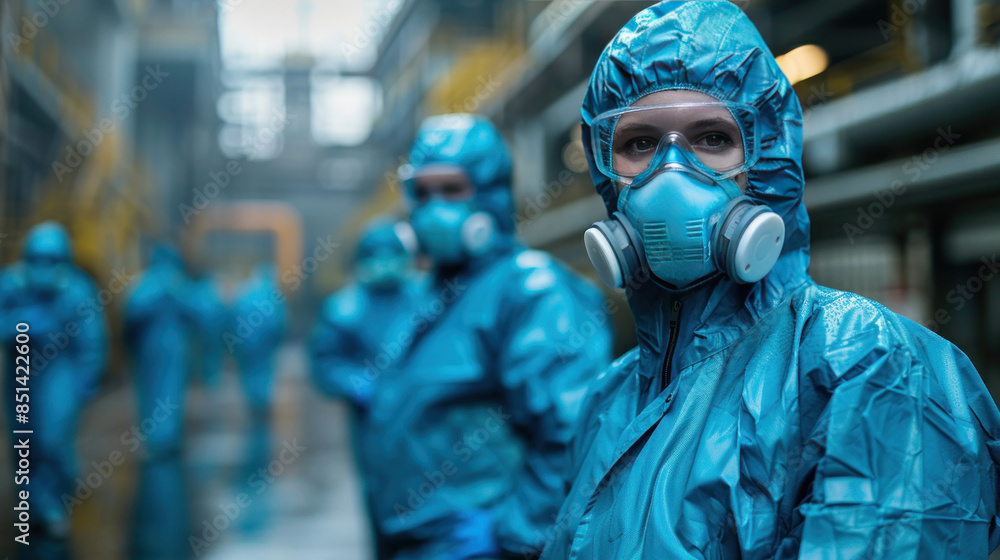 Workers in full PPE gear, including masks and gloves, ensuring safety while handling industrial chemicals in a controlled environment. Workers in full PPE gear, including masks and gloves, ensuring safety while handling industrial chemicals in a controlled environment.