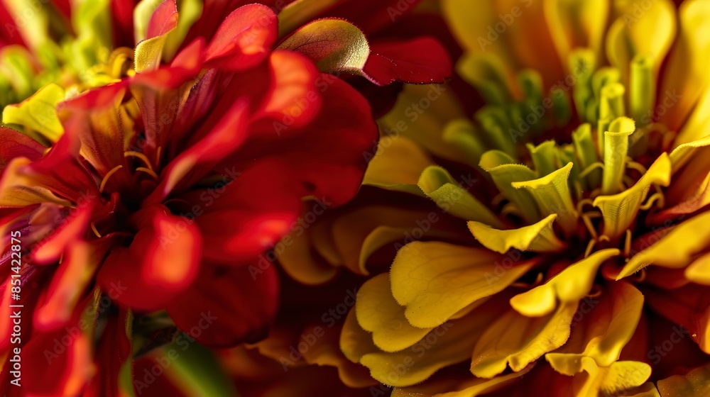 Colorful zinnia, close-up, intense red and yellow petals, bright daylight, sharp detail, lush backdrop. Colorful zinnia, close-up, intense red and yellow petals, bright daylight, sharp detail, lush backdrop.