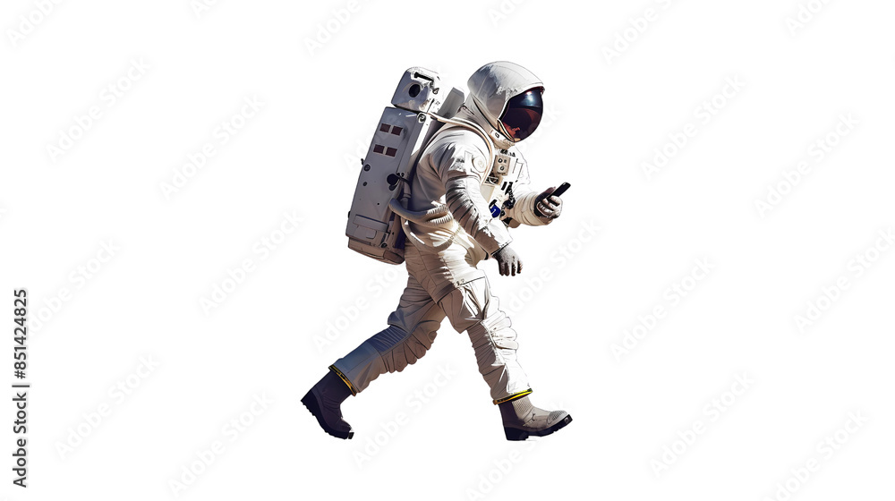 Astronaut walking, wearing a suit, holding a mobile phone and a pocket book, on transparency background, PNG. Astronaut walking, wearing a suit, holding a mobile phone and a pocket book, on transparency background, PNG.