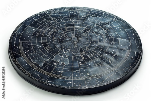 A glowinthedark planisphere with a detailed star map, white background