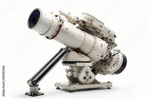 A sturdy equatorial mount with slowmotion controls and a builtin polar alignment scope, white background