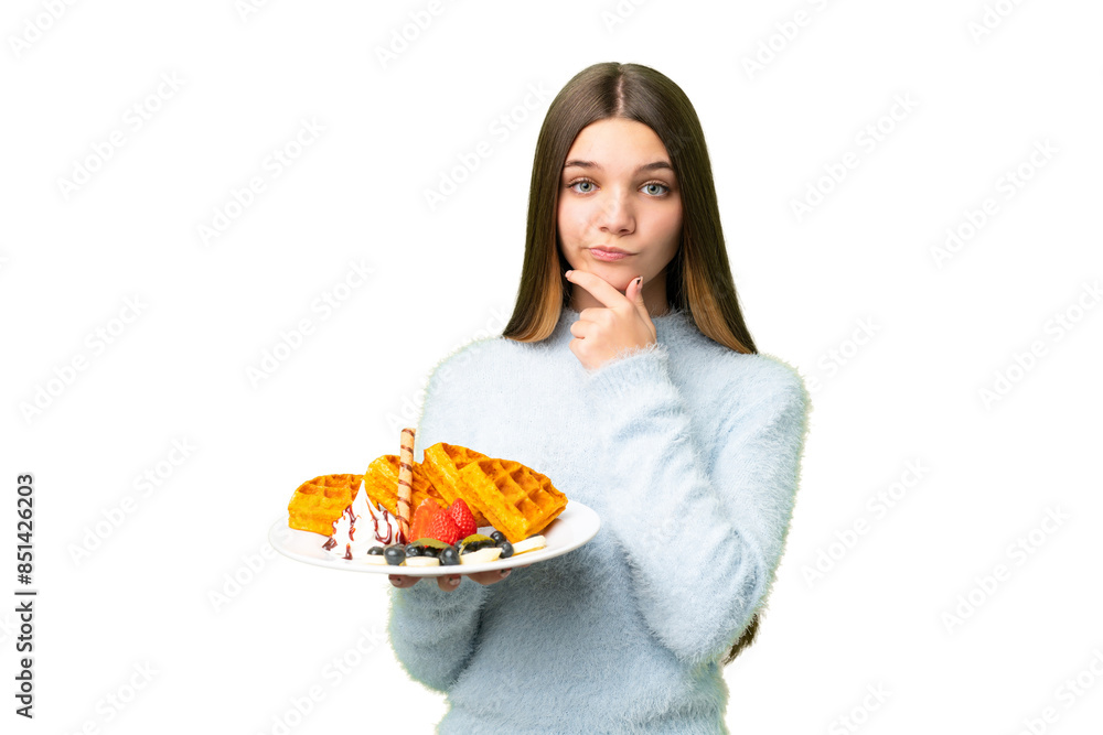 Teenager girl holding waffles over isolated chroma key background thinking Teenager girl holding waffles over isolated chroma key background thinking