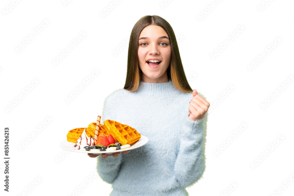 Teenager girl holding waffles over isolated chroma key background celebrating a victory in winner position Teenager girl holding waffles over isolated chroma key background celebrating a victory in winner position
