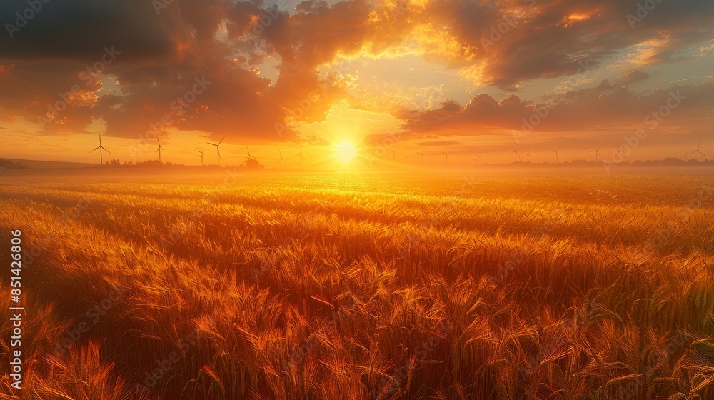 Obraz premium Wind Turbines and Wheat Field at Sunrise