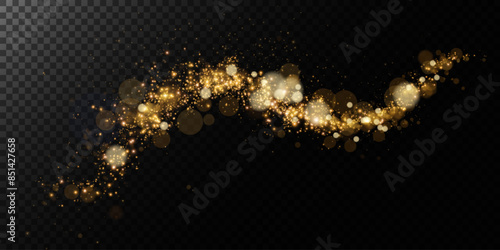 A luminous bokeh that gently shimmers with golden light. Light abstract glowing lights. Glowing bokeh effect isolated on dark background. Christmas background made of glowing dust.	