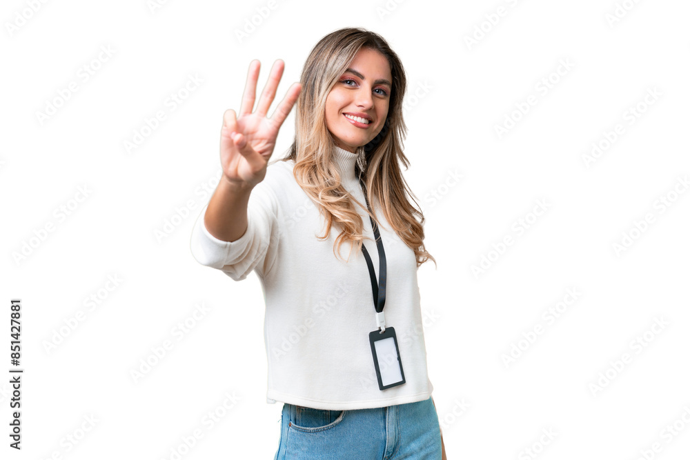 Obraz premium Young Uruguayan woman with ID card over isolated background happy and counting three with fingers