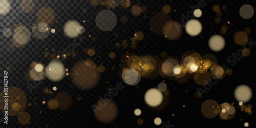A luminous bokeh that gently shimmers with golden light. Light abstract glowing lights. Glowing bokeh effect isolated on dark background. Christmas background made of glowing dust.	