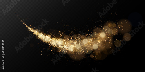 A luminous bokeh that gently shimmers with golden light. Light abstract glowing lights. Glowing bokeh effect isolated on dark background. Christmas background made of glowing dust.	