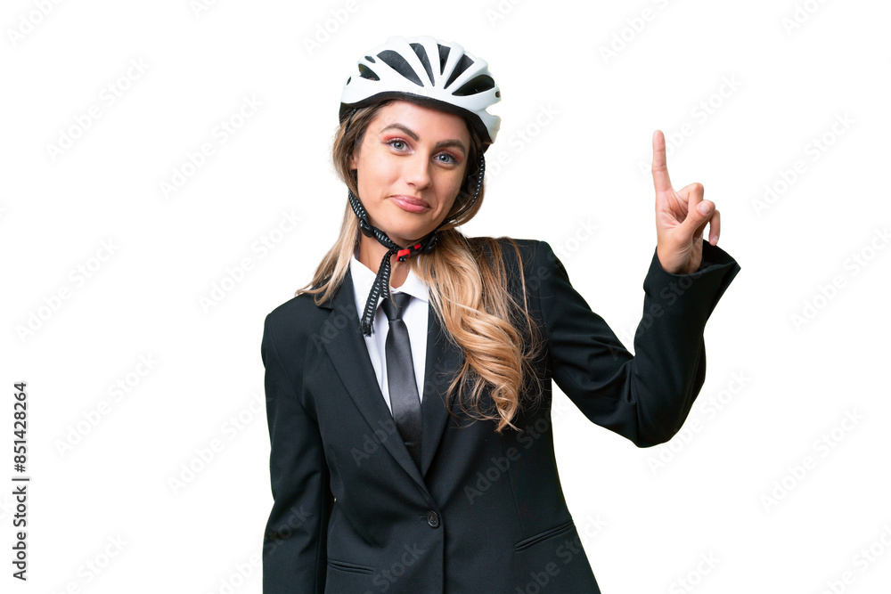 Business Uruguayan woman wearing a helmet biker over isolated background showing and lifting a finger in sign of the best Business Uruguayan woman wearing a helmet biker over isolated background showing and lifting a finger in sign of the best