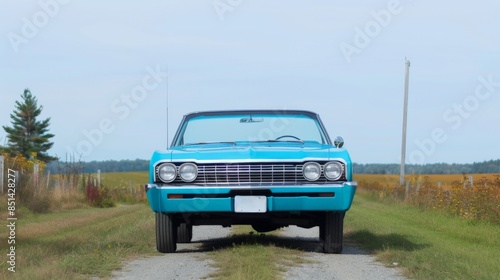 Blue Vintage Car on Rural Road