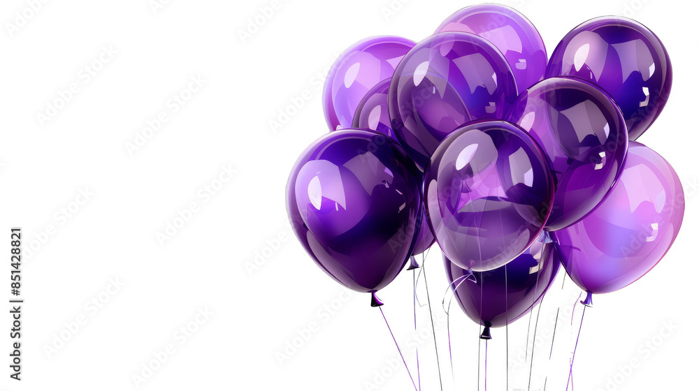 A bunch of balloons in various shades of purple, isolated on a transparent background, framing the image with an open center for content placement. A bunch of balloons in various shades of purple, isolated on a transparent background, framing the image with an open center for content placement.