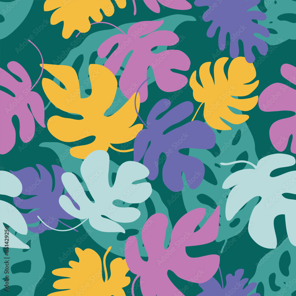 Tropical monstera leaves seamless vector pattern. Perfect for T-shirt, textile and fabric. Hand drawn vector illustration.