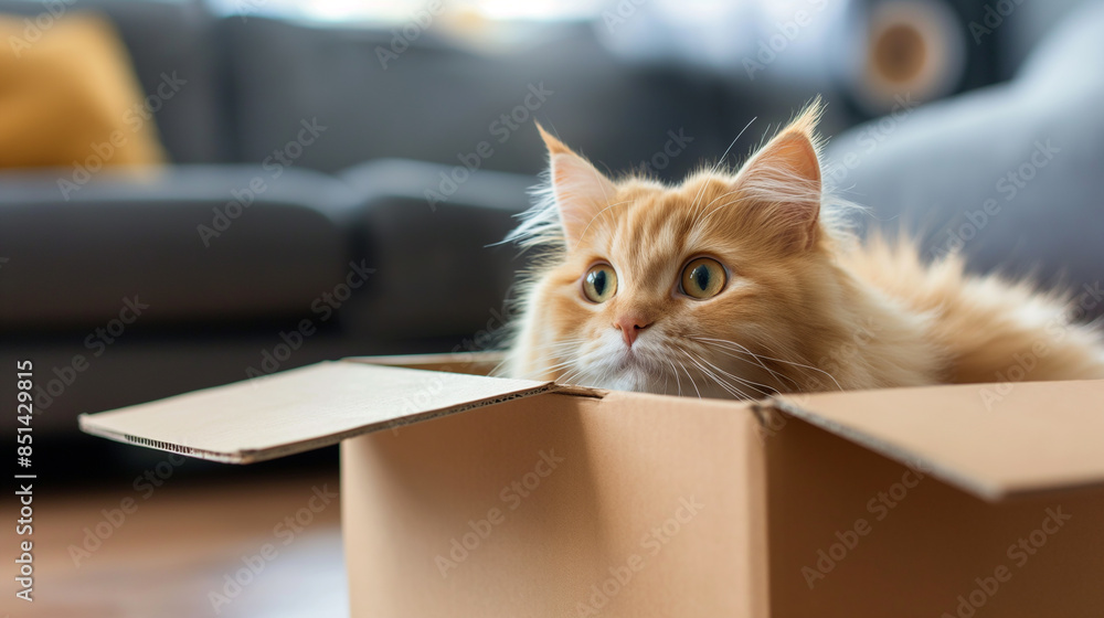 Cute fluffy cat in cardboard box, Animal photography Cute fluffy cat in cardboard box, Animal photography