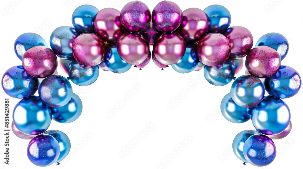 A group of balloons in metallic shades of blue and pink, isolated on a white background, arranged around the edges with an empty middle section. A group of balloons in metallic shades of blue and pink, isolated on a white background, arranged around the edges with an empty middle section.