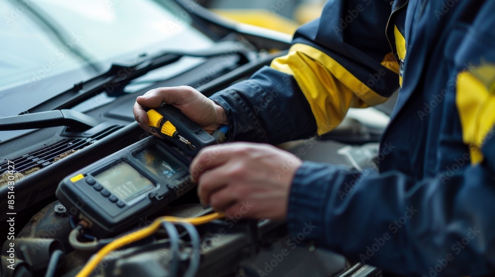 Mechanic using car diagnostic scanner Mechanic using car diagnostic scanner