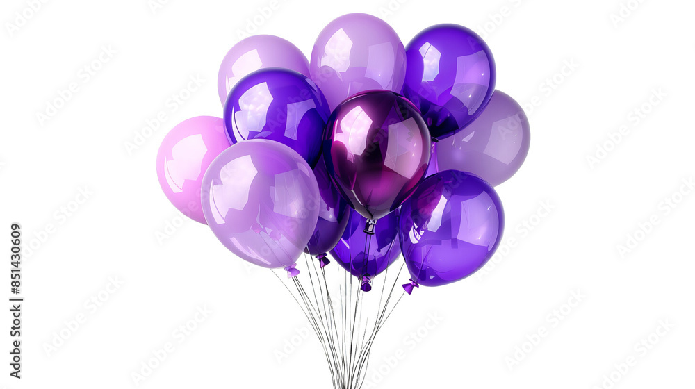 A bunch of balloons in various shades of purple, isolated on a transparent background, framing the image with an open center for content placement. A bunch of balloons in various shades of purple, isolated on a transparent background, framing the image with an open center for content placement.