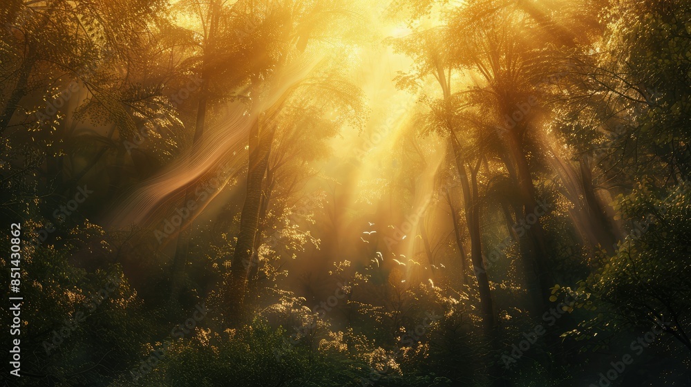 Fototapeta premium Bright rays illuminating a forest