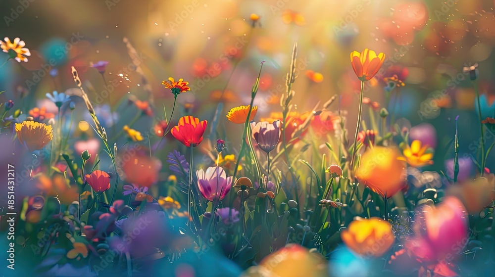 Bright sunlight shining on vibrant flower field Bright sunlight shining on vibrant flower field