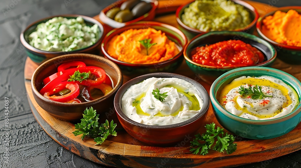 Vibrant and Fresh Vegetable Dips Platter with Colorful Varieties Made of Fresh Ingredients and Herbs - Perfect for Healthy Snacking and Entertaining Vibrant and Fresh Vegetable Dips Platter with Colorful Varieties Made of Fresh Ingredients and Herbs - Perfect for Healthy Snacking and Entertaining