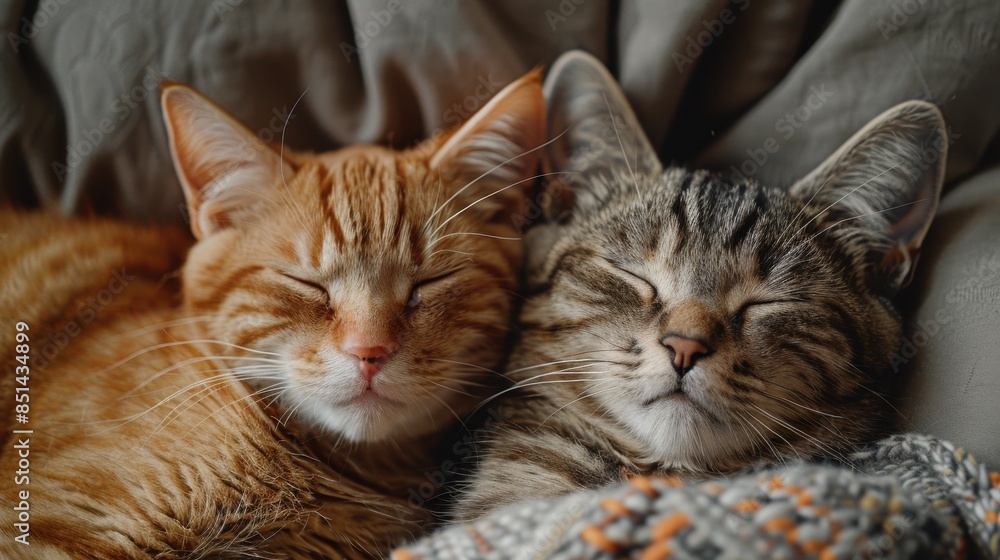 Two cats are sleeping on a bed Two cats are sleeping on a bed