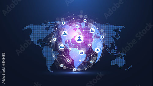 Global network connection concept. Big data visualization. Social network communication in the global computer networks. Internet technology. Business. Science. Vector illustration