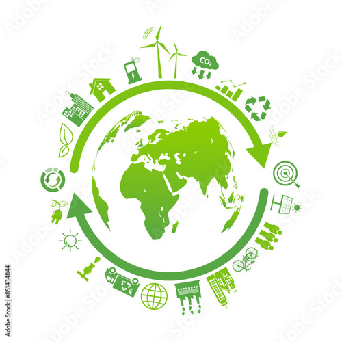 Sustainable development with reuse, recycle, renew for carbon reduction, net zero, green energy, eco friendly concept, vector illustration