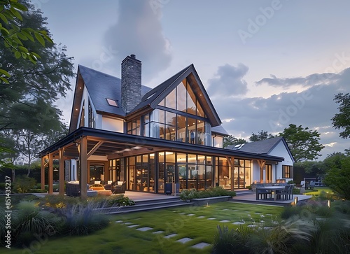 A modern farmhouse with gable roof, glass facade and wooden frame windows