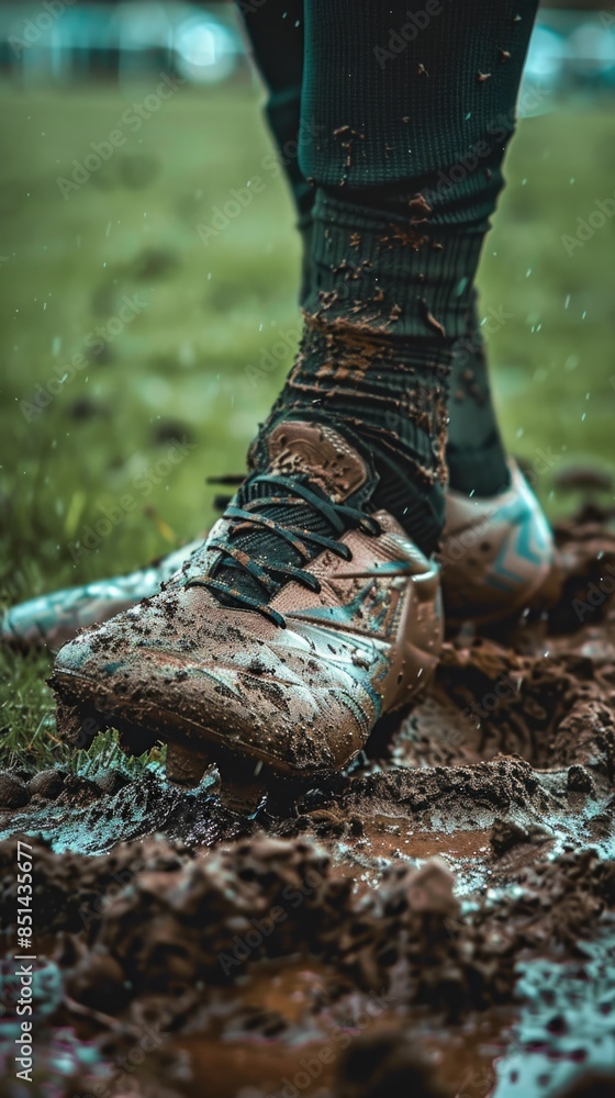 Close-up of soccer cleats covered in mud on a rainy day. The image emphasizes the rugged texture and wet conditions, capturing the intensity of playing soccer on a muddy field. Close-up of soccer cleats covered in mud on a rainy day. The image emphasizes the rugged texture and wet conditions, capturing the intensity of playing soccer on a muddy field.