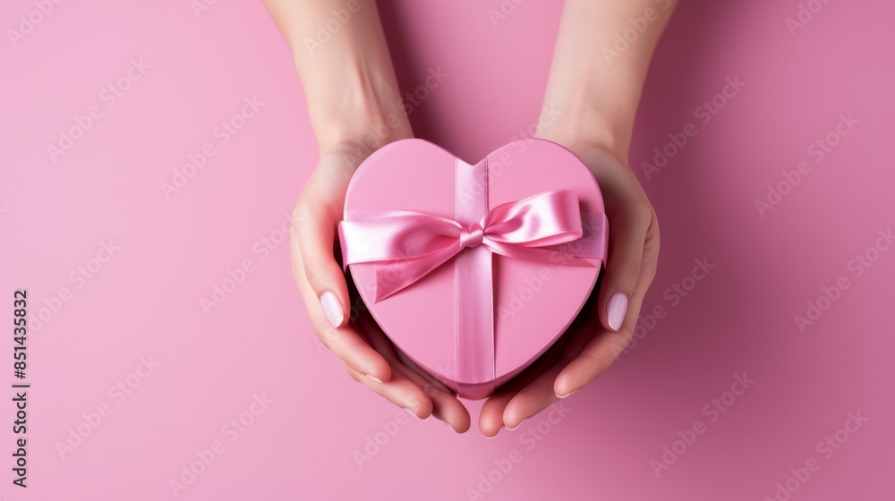 Fototapeta premium Close-up of female hands holding a pink heart-shaped gift box with a satin ribbon. Perfect for Valentine's Day, Mother's Day, and romantic themes