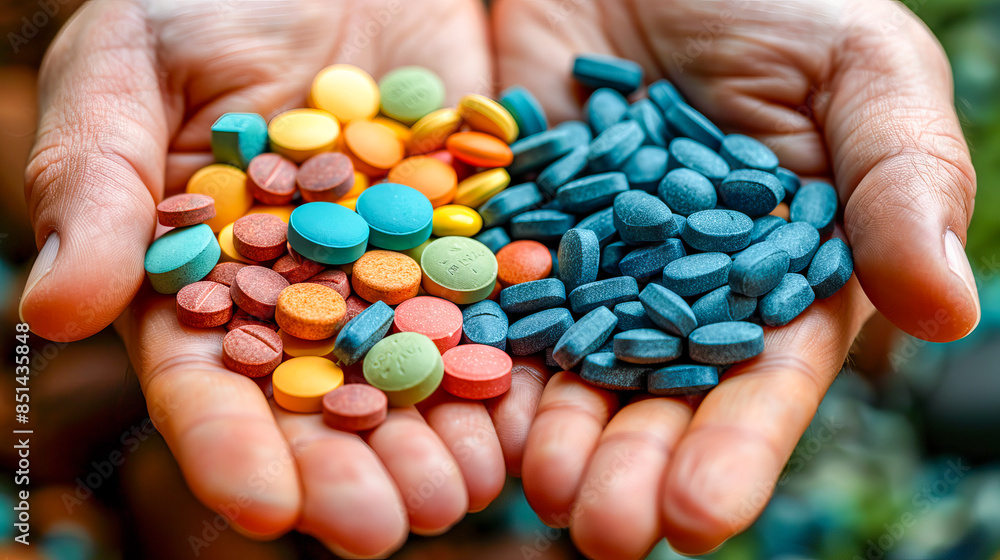 Hands holding many colorful prescription pills