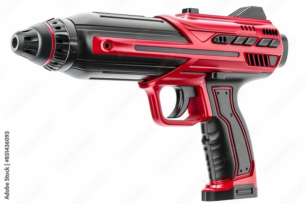 Red and black futuristic sci-fi toy ray gun with intricate design details, isolated on white background. Red and black futuristic sci-fi toy ray gun with intricate design details, isolated on white background.