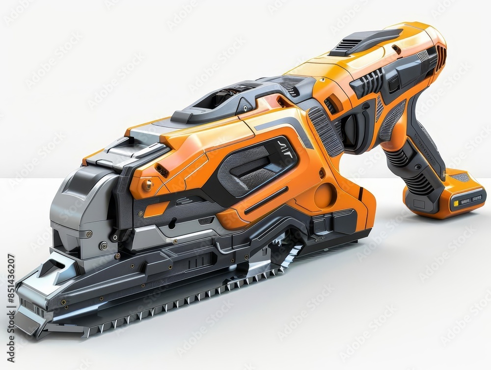 A cordless oscillating multitool with a brushless motor and LED light, white background A cordless oscillating multitool with a brushless motor and LED light, white background